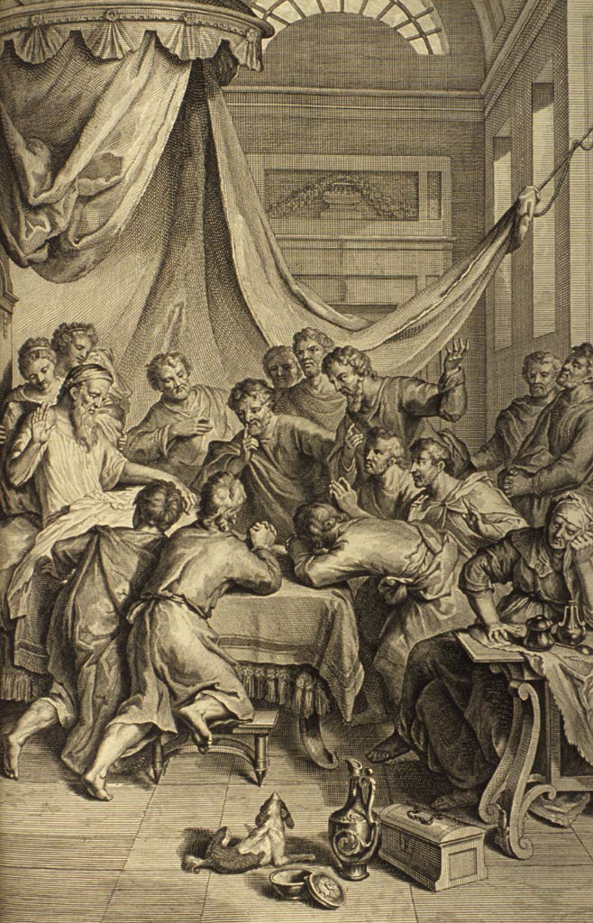Jacob Blesses His Sons, as in Genesis 49:1-2:  "And Jacob called unto his sons, and said, Gather yourselves together, that I may tell you that which shall befall you in the last days.  Gather yourselves together, and hear, ye sons of Jacob; and hearken unto Israel your father."; illustration from the 1728 Figures de la Bible; illustrated by Gerard Hoet (1648-1733) and others, and published by P. de Hondt in The Hague; image courtesy Bizzell Bible Collection, University of Oklahoma Libraries.