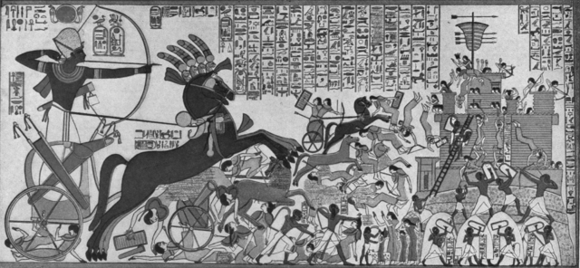 Ramesses II storming the Hittite fortress of Dapur.  He was the most famous and powerful Pharaoh of Egypt's New Kingdom, but contrary to prevailing opinion he was not the Pharaoh who withstood Moses. 