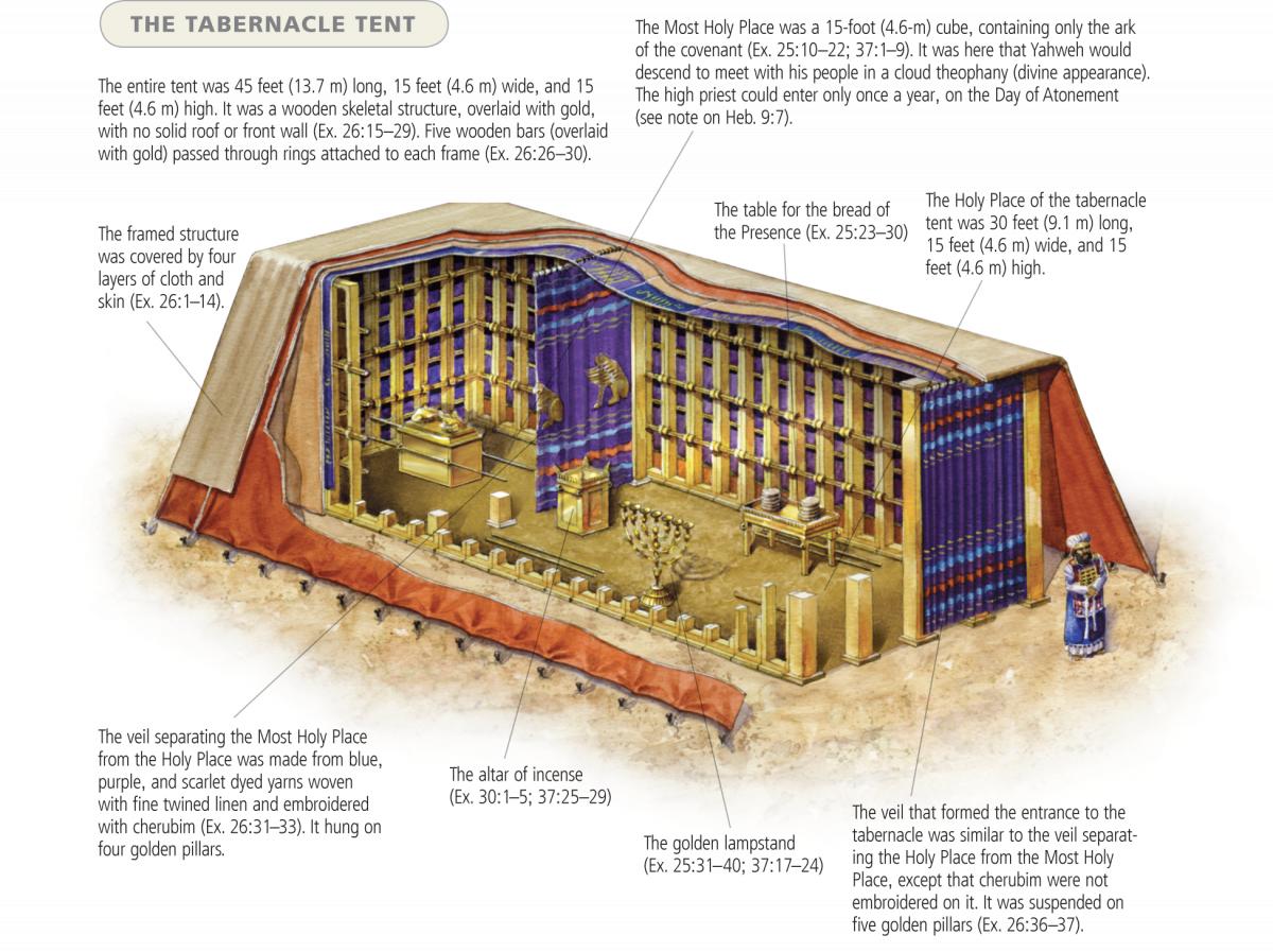 Interior of the Tabernacle.  Illustration from the ESV Study Bible, © 2008 Crossway Bibles.  Accessed at "Exodus 26 – The Tabernacle Details" on Berean Bible Study Group, and at "What Does teh Tabernacle Symbolize?" on The Gospel Coalition.