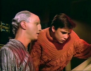 The Traveler (Eric Menyuk) and Wesley (Wil Wheaton) discuss the connection of Space and Time and Thought in "Where No One Has Gone Before" (Star Trek: The Next Generation, Episode 5.  Photo from The Viewscreen.)