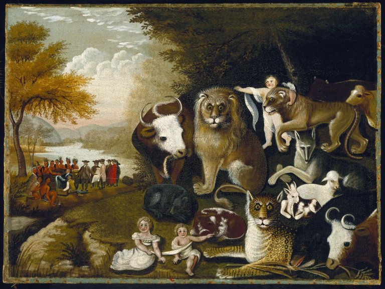 When Edward Hicks painted The Peaceable Kingdom, he applied the text of Isaiah 11 to the founding of Pennsylvania and the treaty William Penn concluded with the Lenape Nation in 1683.  His painting depicts the restoration of Eden when Messiah reigns, but neglects the rest of Isaiah 11 - the Second Exodus when the Lord brings all of Israel out of the nations and restores them to His land.