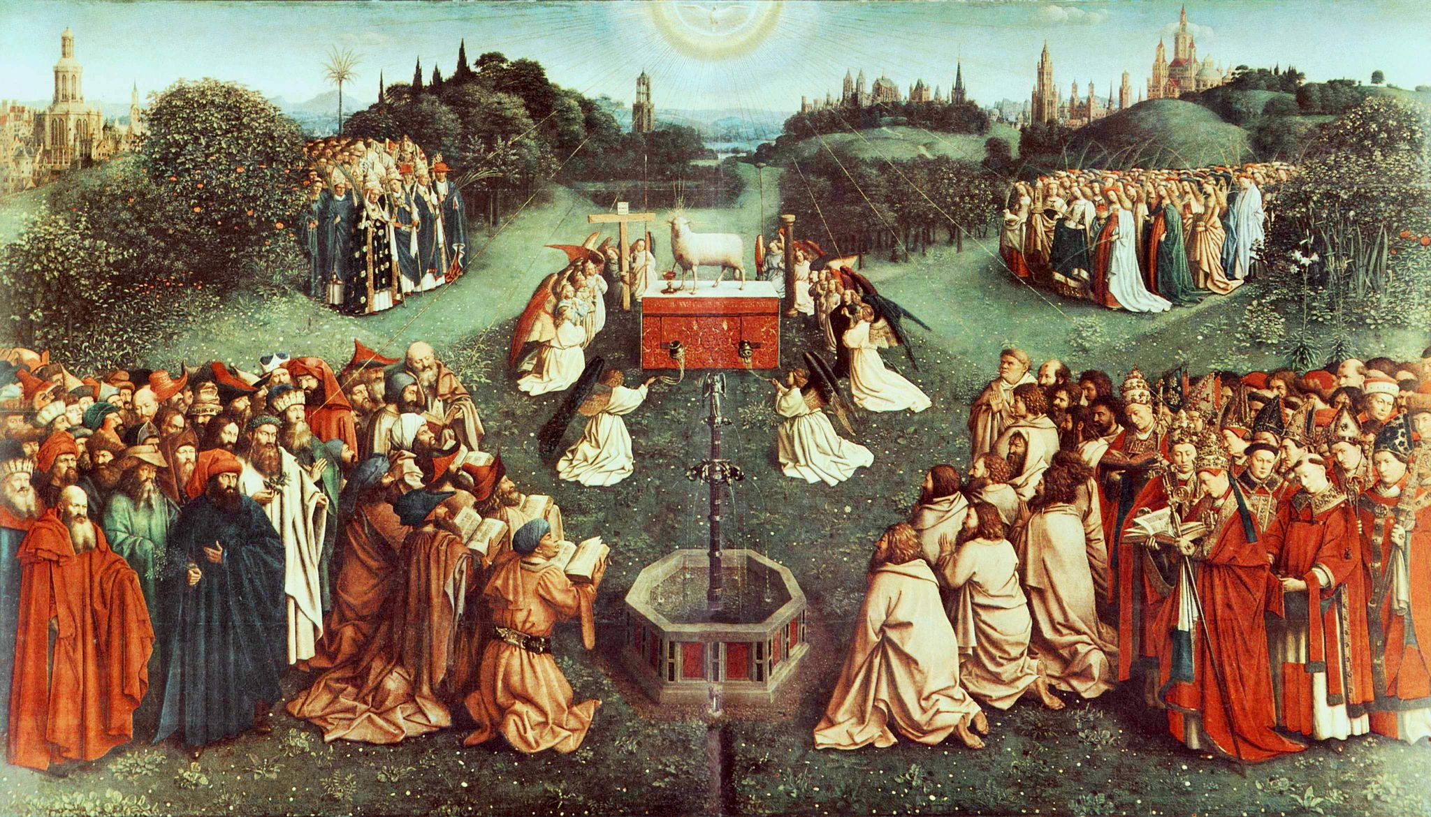 The famous painting Die Anbetung des mystischen Lammes (Adoration of the Lamb of God) by Hubert van Eyck is a stirring representation of the glory of Messiah according to Christian tradition, but does not accurately depict His position as King and High Priest of Israel.