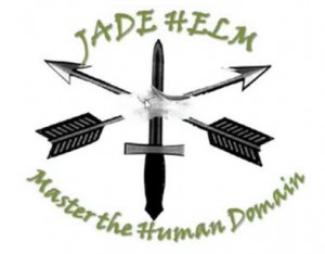 Jade Helm 15 logo with the upside down cross and wooden shoe in the middle