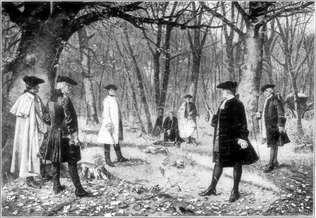 Duel between Alexander Hamilton and Aaron Burr.  After the painting by J. Mund.  (Illustration from Beacon Lights of History, Vol. XI, "American Founders.", John Lord, LL.D., London, 1902).  Accessed on Wikimedia Commons.)