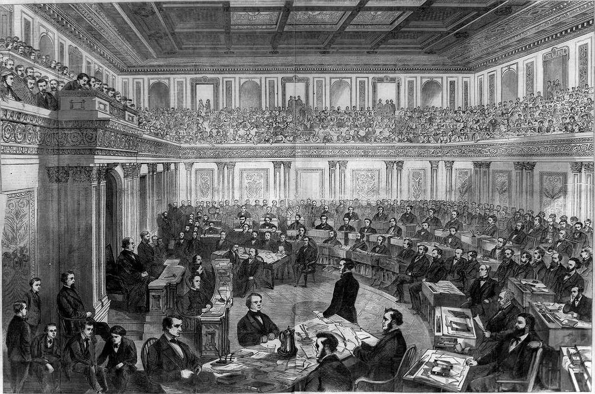 The Senate as a Court of Impeachment for the Trial of Andrew Johnson, by Theodore R. Davis. Illustration in Harper's Weekly, April 11, 1868.