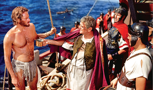 Quintus Arrius (Jack Hawkens) offers water to Judah Ben Hur (Charlton Heston) in the 1959 epic, Ben Hur. (Photo: Warner Home Video, featured in "A Day at the Chariot Races: The Digital Liberation of ‘Ben-Hur’", by Bill Desowitz, Motion Picture Editors Guild, November 21, 2011)