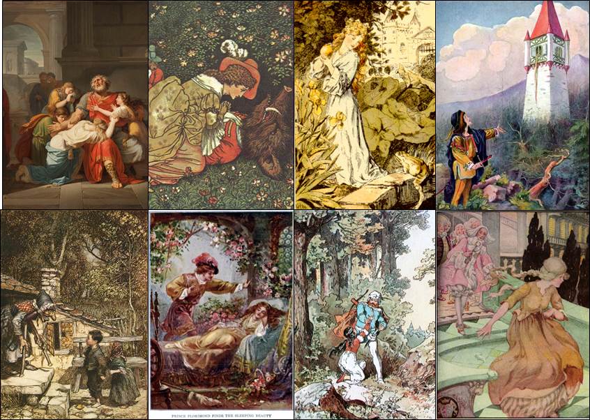 Famous literary figures with identity issues. Top row: Oedipus Rex (Bénigne Gagneraux, The Blind Oedipus Commending his Children to the Gods), Beauty’s Beast (illustration by Walter Crane), The Frog Prince (illustration by Paul Meyerheim), Rapunzel’s prince (illustration by Johnny Gruelle). Bottom row: Hansel and Gretel (illustration by Arthur Rackham), Sleeping Beauty (illustration from Childhood’s Favorites and Fairy Stories), Snow White (illustration by Alexander Zick), Cinderella (illustration by Anne Anderson).