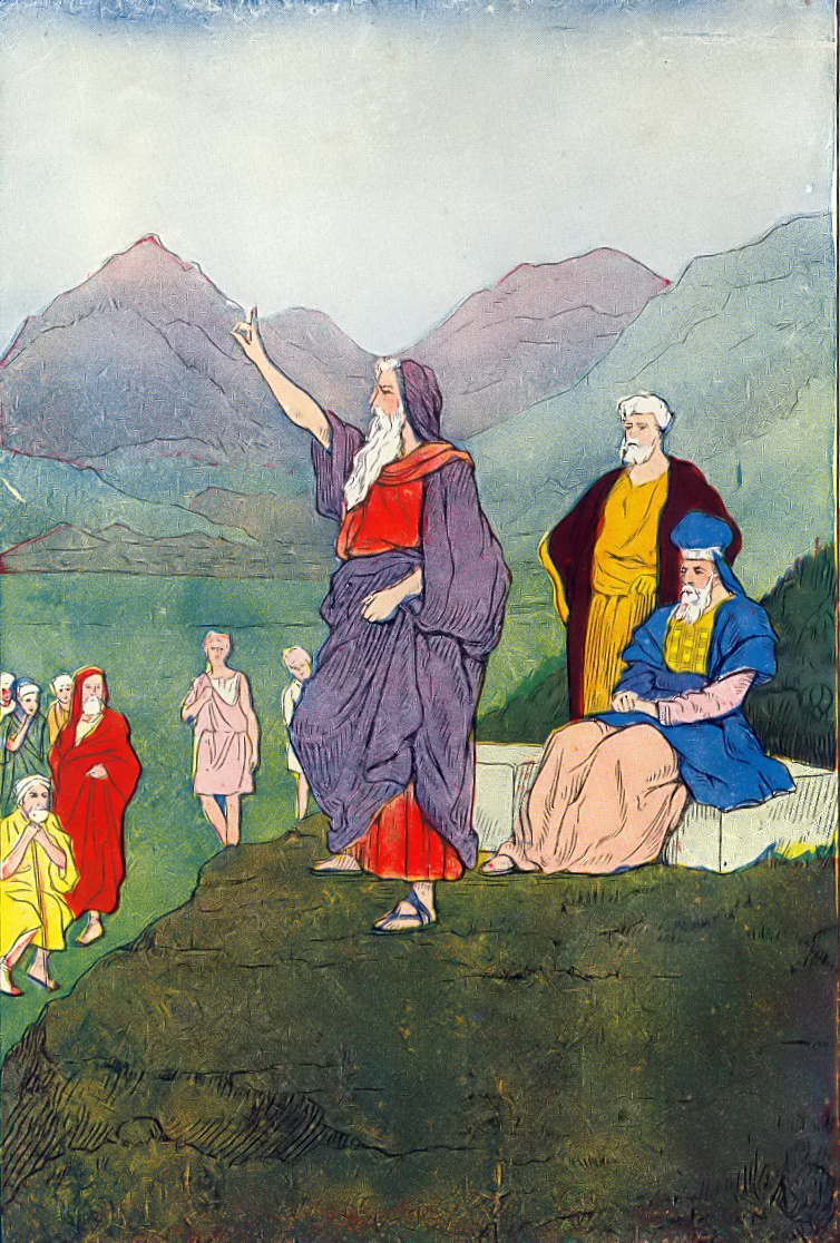 Moses speaks to the children of Israel, as in Deuteronomy 31:1. Illustration from "The Boys of the Bible" by Hartwell James, published by Henry Altemus Company, 1905 and 1916.