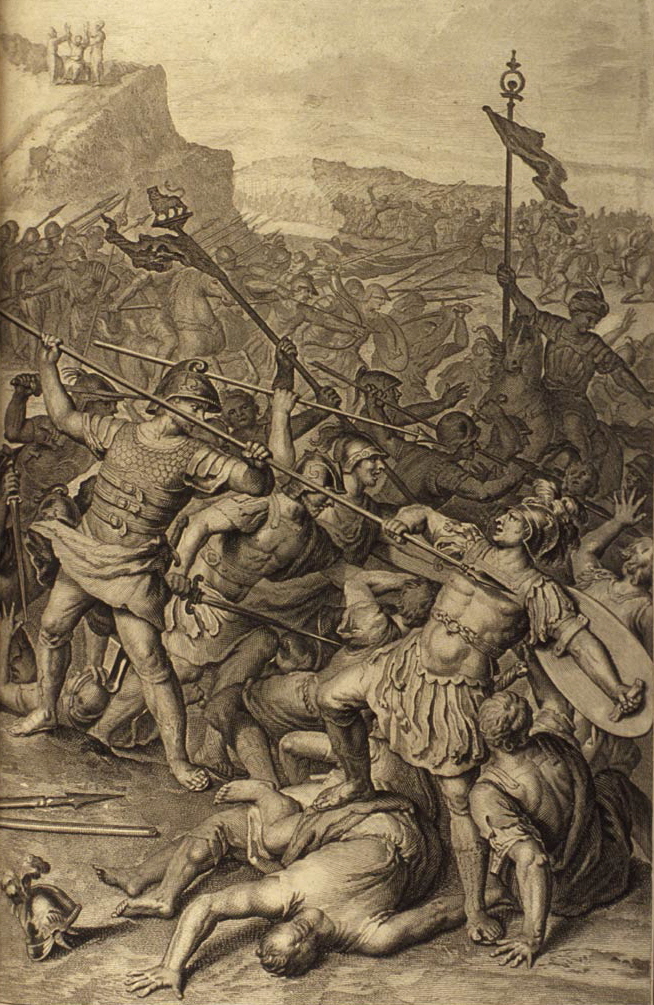 The Battle Between the Israelites and Amalekites; as in Exodus 17:8-13. From Figures de la Bible, Gerard Hoet (1648–1733) and others, published by P. de Hondt in The Hague in 1728, via Wikimedia Commons