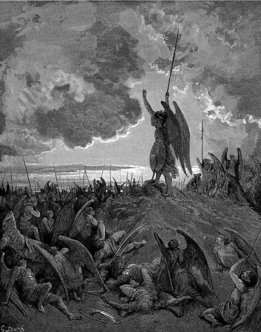 Iniquity is the quality which compels Satan to say, "Better to reign in Hell, than serve in Heav’n" (Ezekiel 28:15).  ("They heard, and were abasht, and up they sprung", Paradise Lost, illustration by Gustave Doré, c.1884)