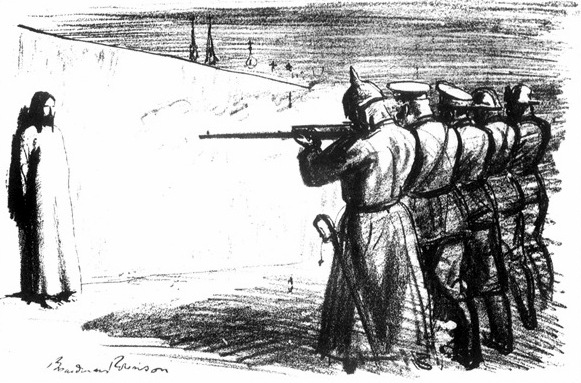 The Deserter, a 1916 political cartoon by Boardman Robinson, depicts the ultimate outcome of a nationalist worldview in which Christian nations engaged one another in a struggle for dominance.